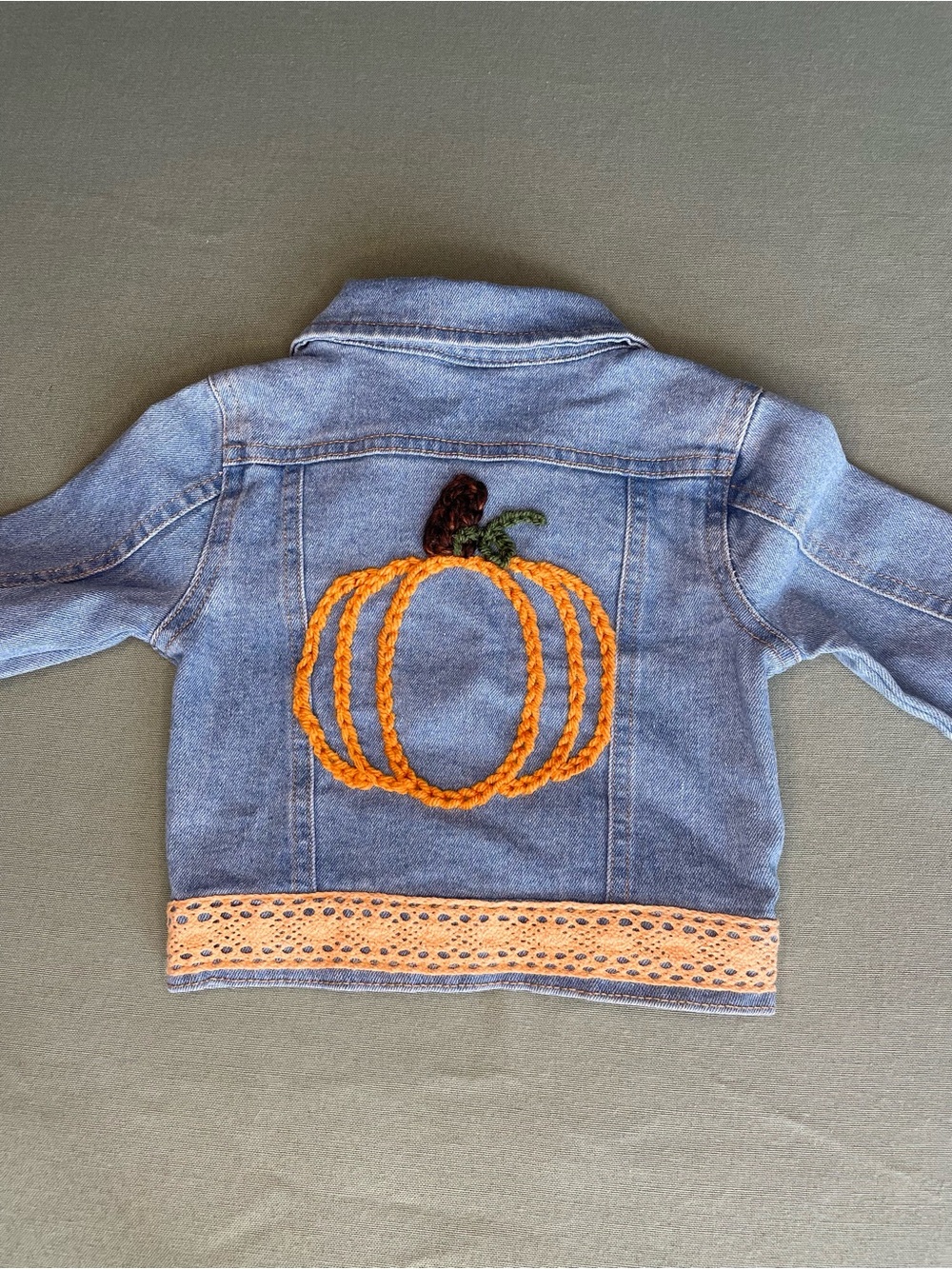 Upcycled Kids Fall Denim Jacket with Orange Pumpkin